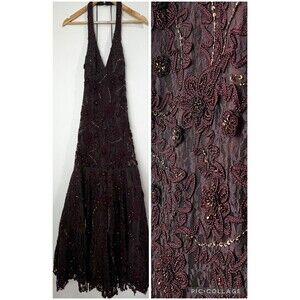Sue Wong Nocturne Formal Dress Brown Lace Beaded Halter Maxi Size 8